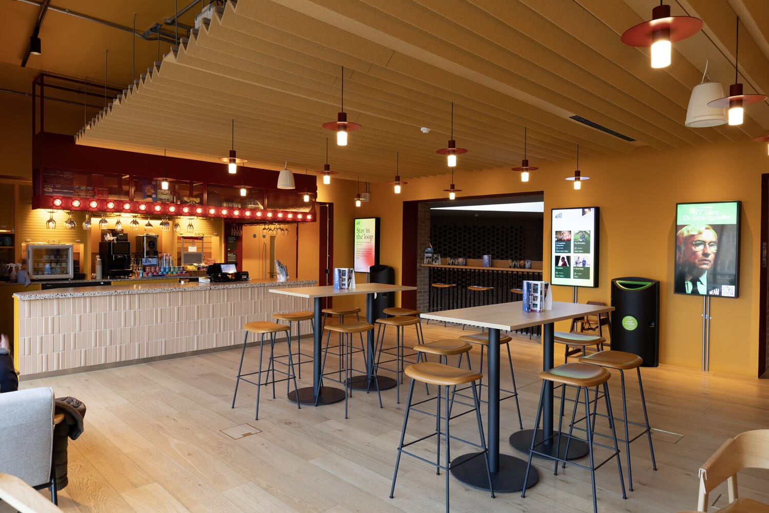 Cafe in theatre with acoustic baffle ceiling