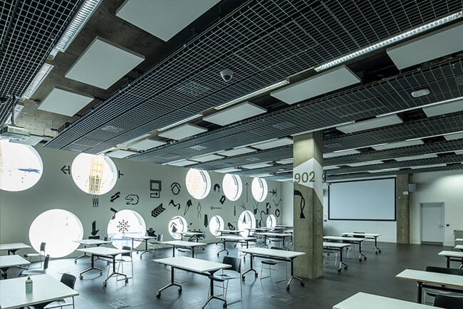 University classroom with acoustic ceiling panels