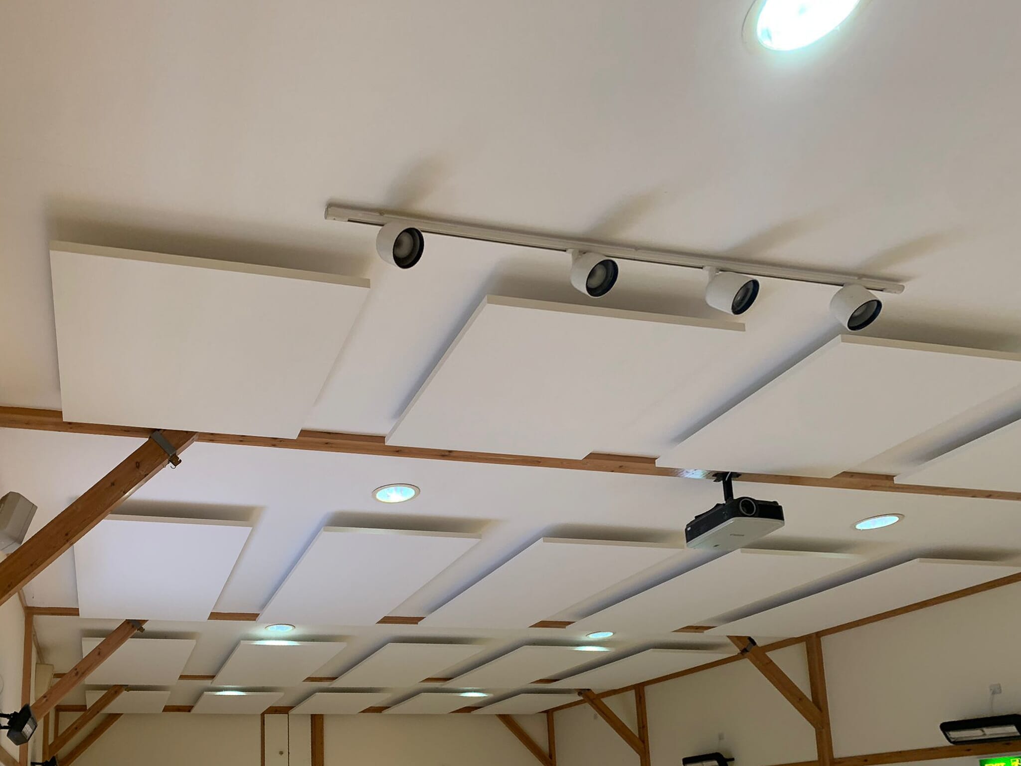 Acoustic panels installed in lower Hardres Village Hall to reduce echo and improve speech clarity.