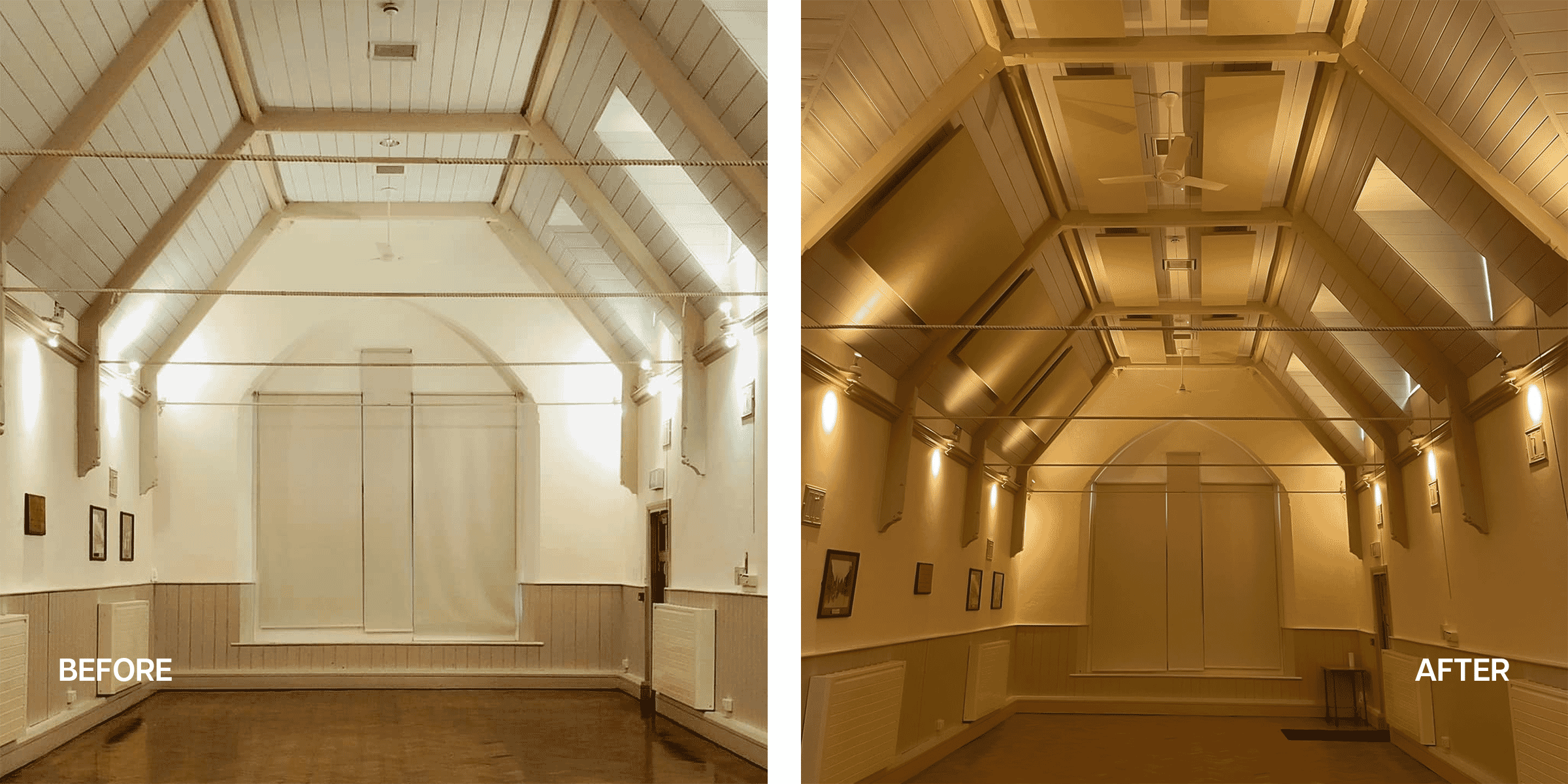 A before and after of the acoustic panels installed at Stagsden Village Hall