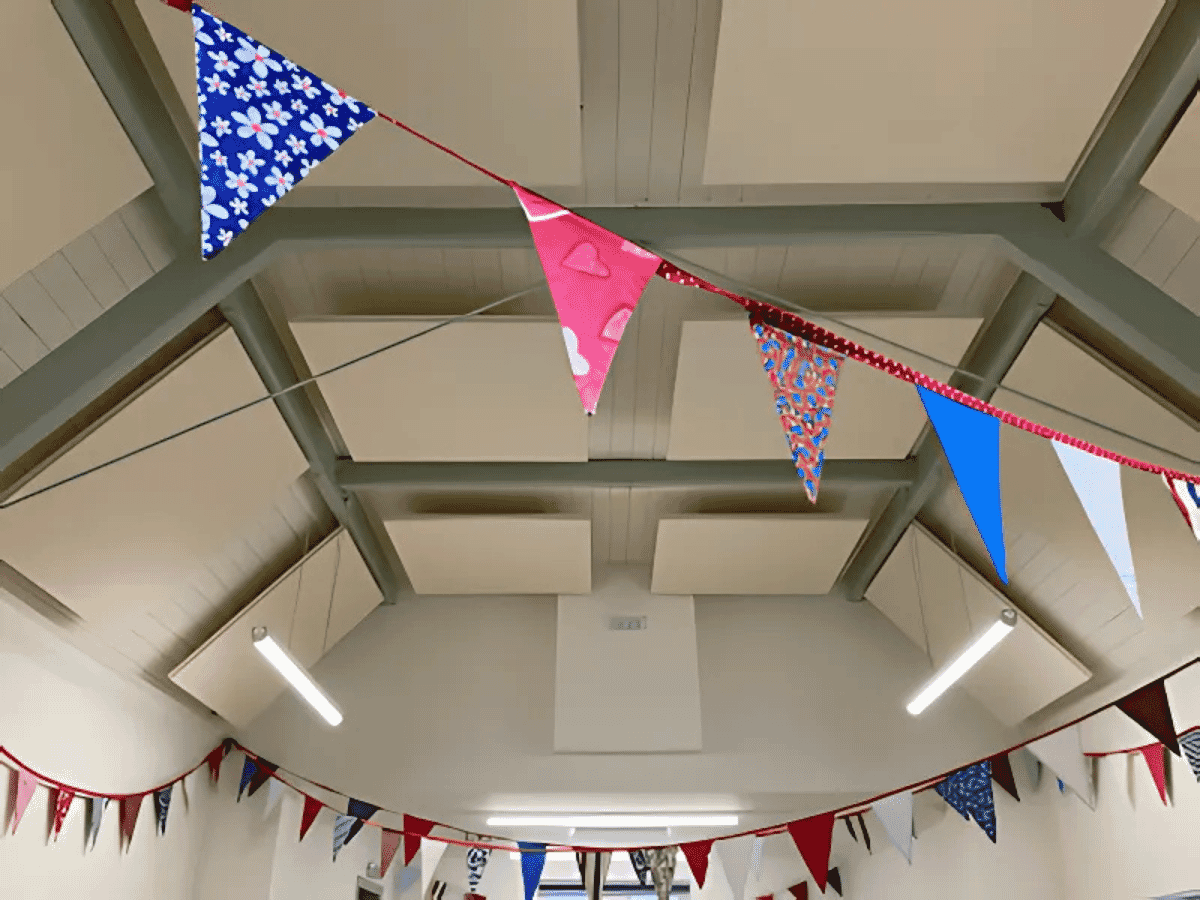Acoustic panels installed on the ceiling at Thorpe Village Hall