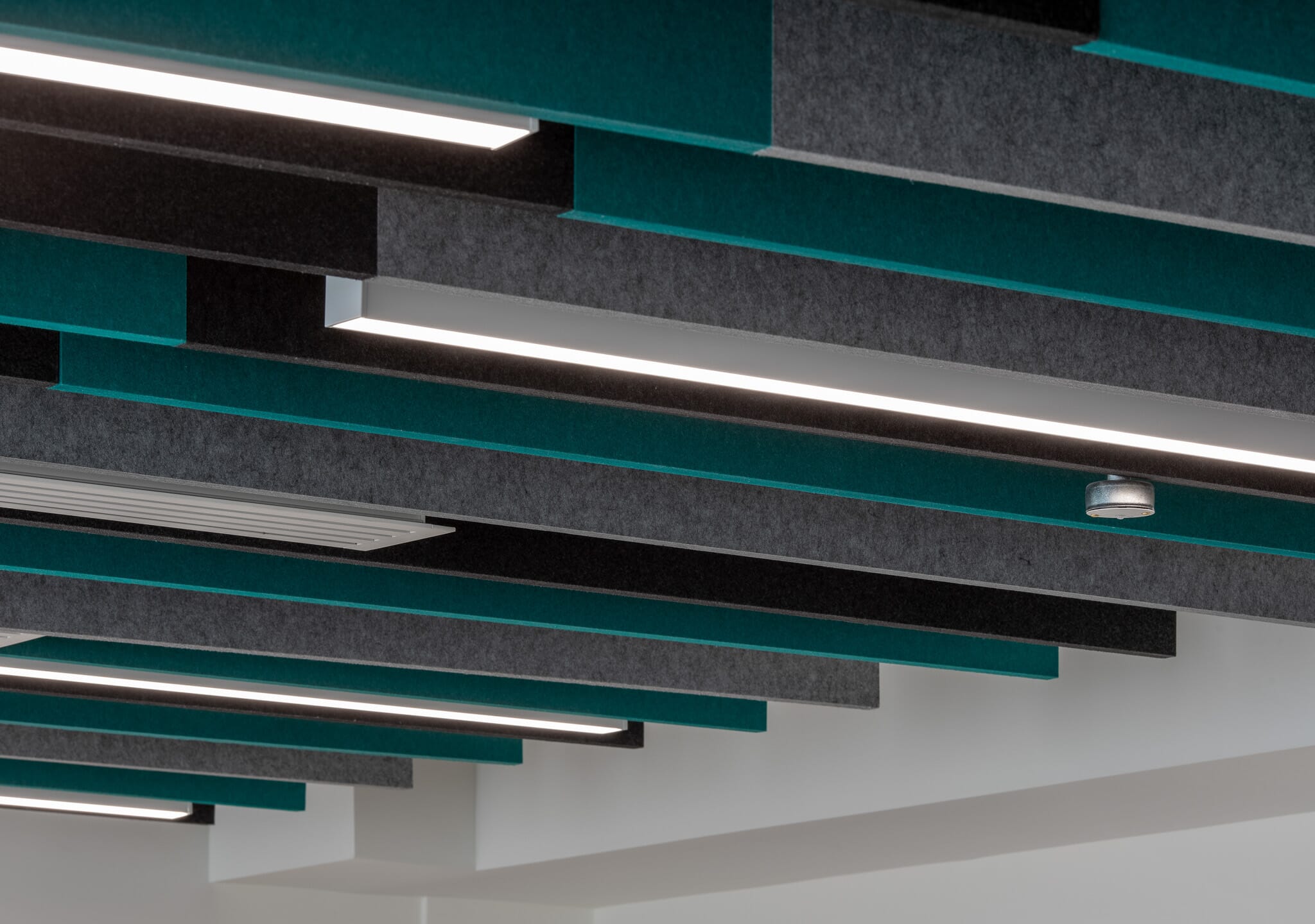 Close up of Autex acoustic baffles installed at King's College London