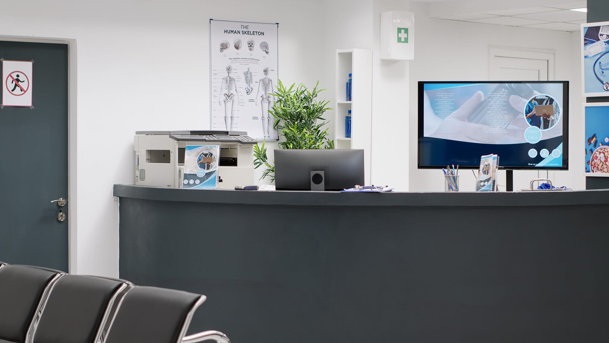 Healthcare facility reception counter in hospital, space used for medical appointments or checkup visits with specialists