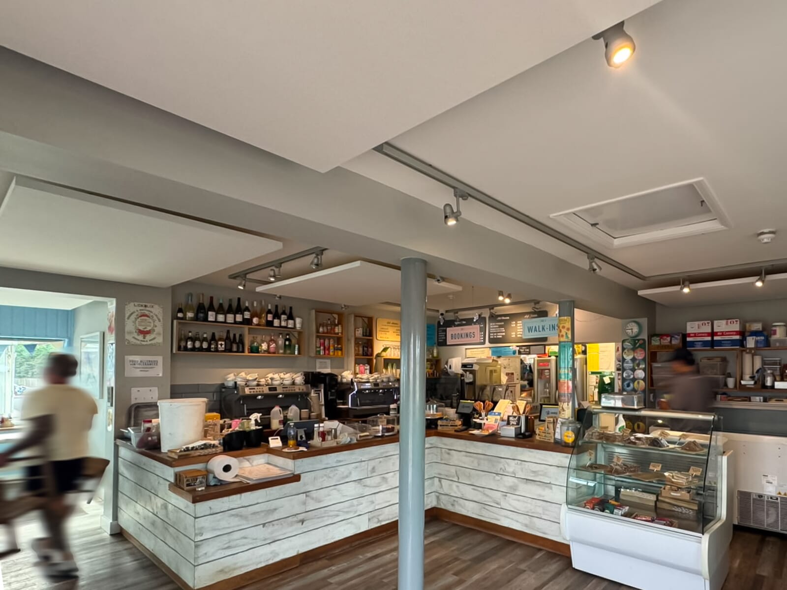 Acoustic panels installed in a cafe to reduce noise levels